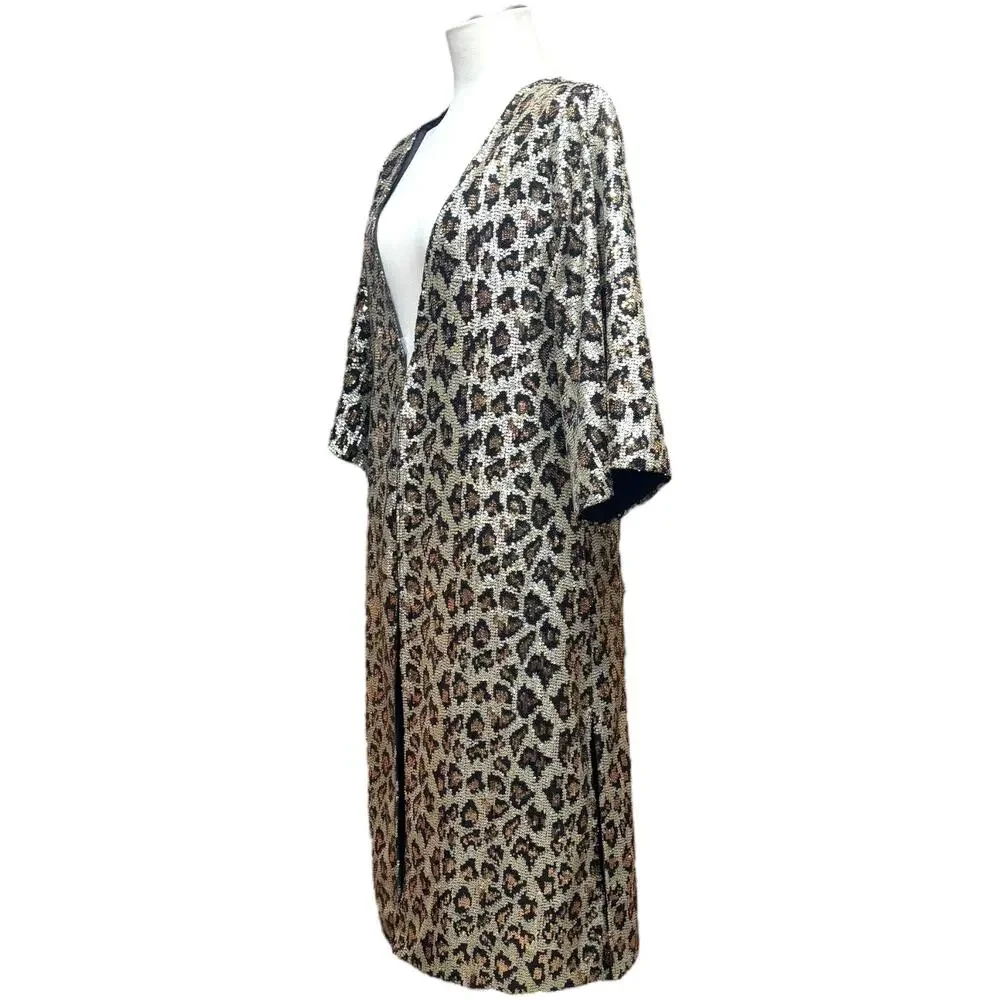L&B Open Front Mid Length Kimono Leopard Sequin Small